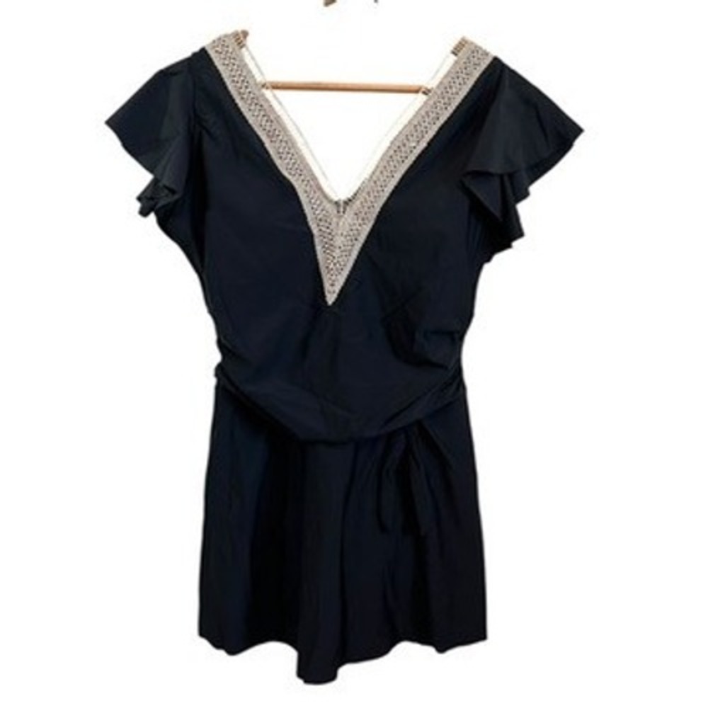 Black Blooming Jelly‎ Swim Dress Cover Up Crochet Trim Flounce Sleeve XL